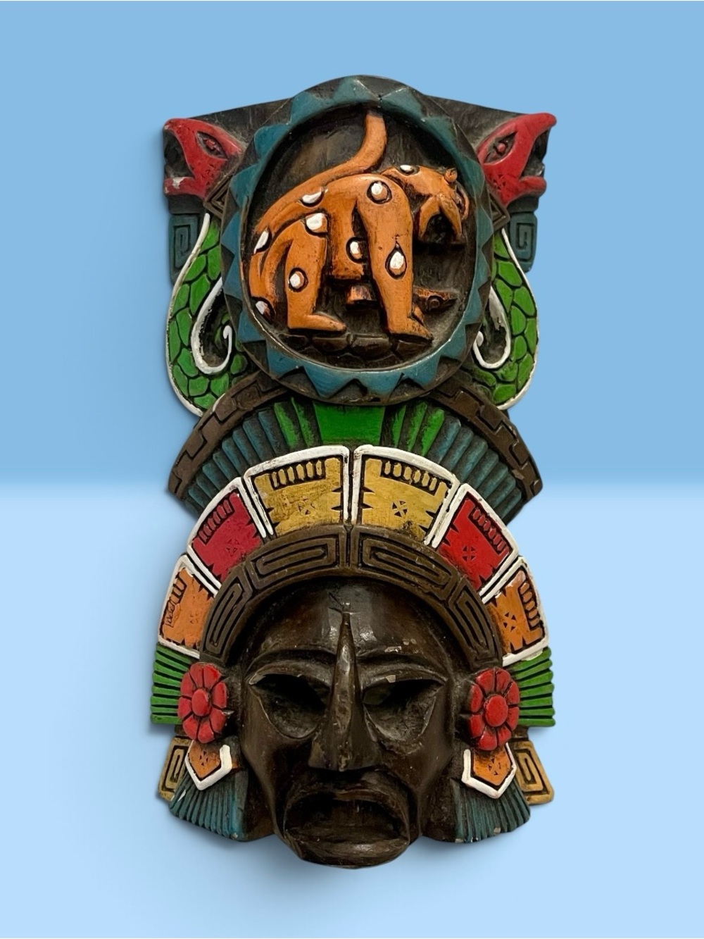 VTG Aztec Mayan Wooden Hand Carved Mask Jaguar Serpent Deity Primitive Folk Art